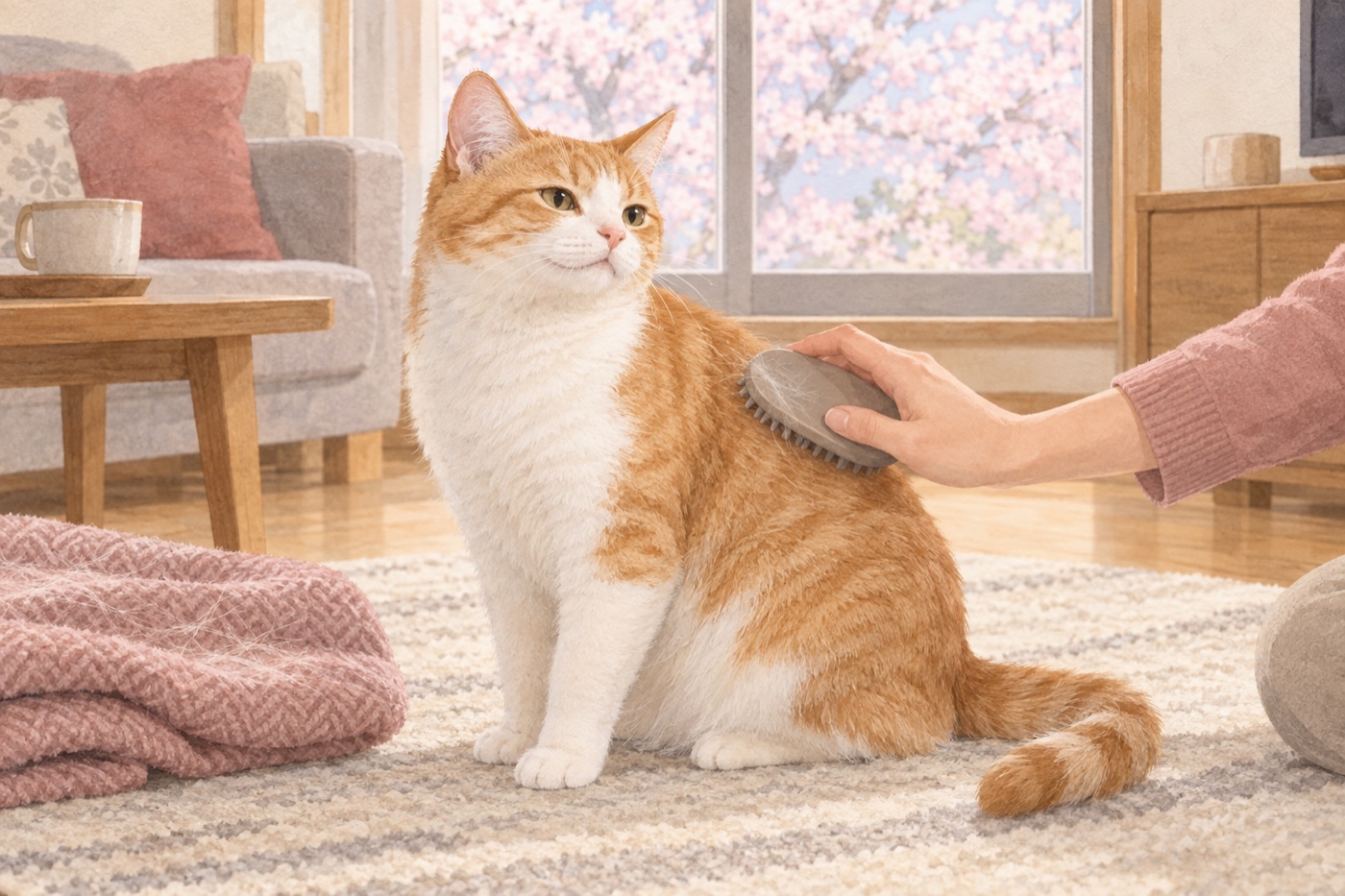 春の室内で、落ち着いた猫の背中を軽くブラッシングしている様子