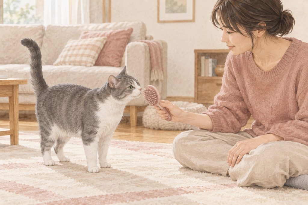 猫を押さえず、少し離したブラシのにおいを自分から確かめてもらう様子