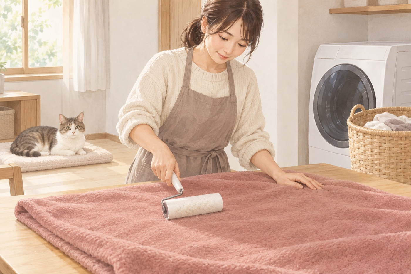 洗濯前の乾いた猫の毛布から、粘着クリーナーで毛を取っている様子
