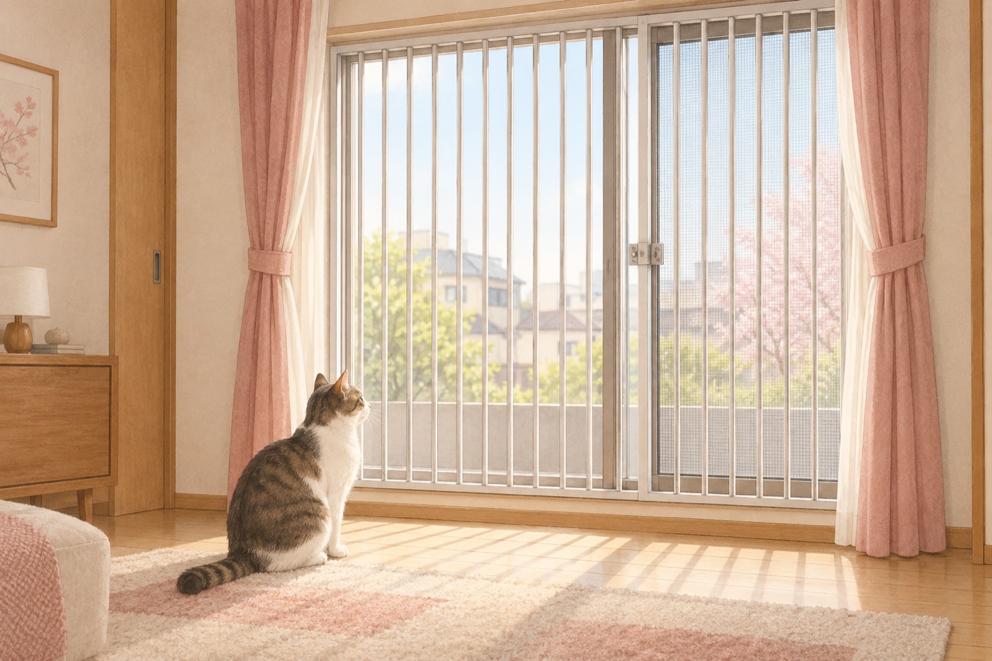 窓の開口部全体を覆う閉じたフェンスを付け、家具の足場を離した換気の場面